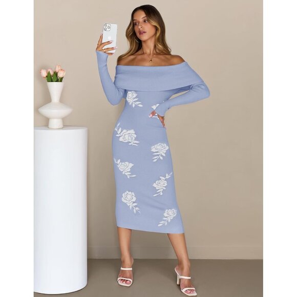 Merokeety Women's Bluewhite Off Shoulder Long Sleeve Elegant Bodycon Midi Dress - Picture 3 of 9